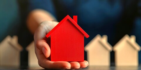 A hand holding a red house model among neutral-colored houses.