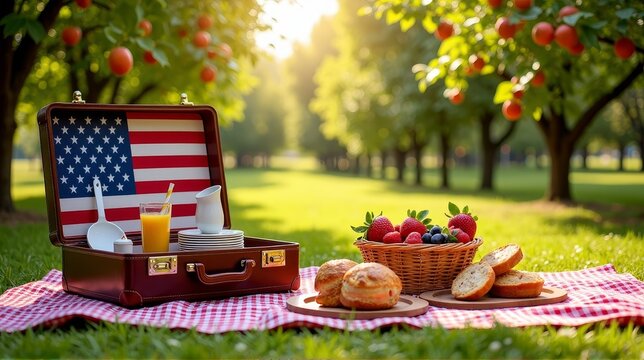 Patriotic picnic setup under sunny orchard
