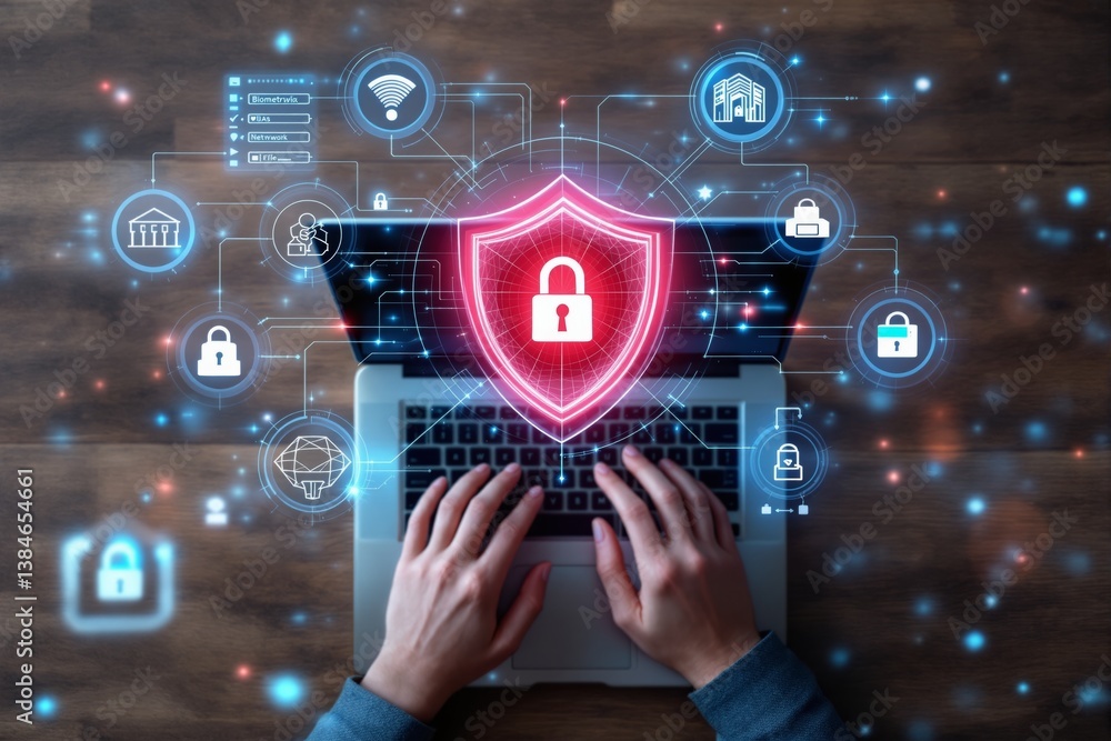 Poster Cybersecurity concept with hands typing on laptop, glowing shield lock icon, and digital network icons representing data protection and online security.