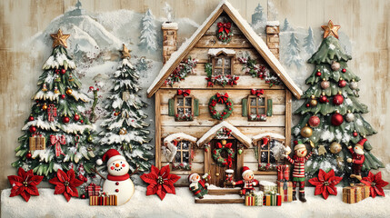 Fototapeta premium Christmas advent calendar vector design of winter holiday countdown template with Xmas bell and wooden house. Christmas tree, Santa and snowman, gifts, elf and animals, reindeer, poinsettia and sock
