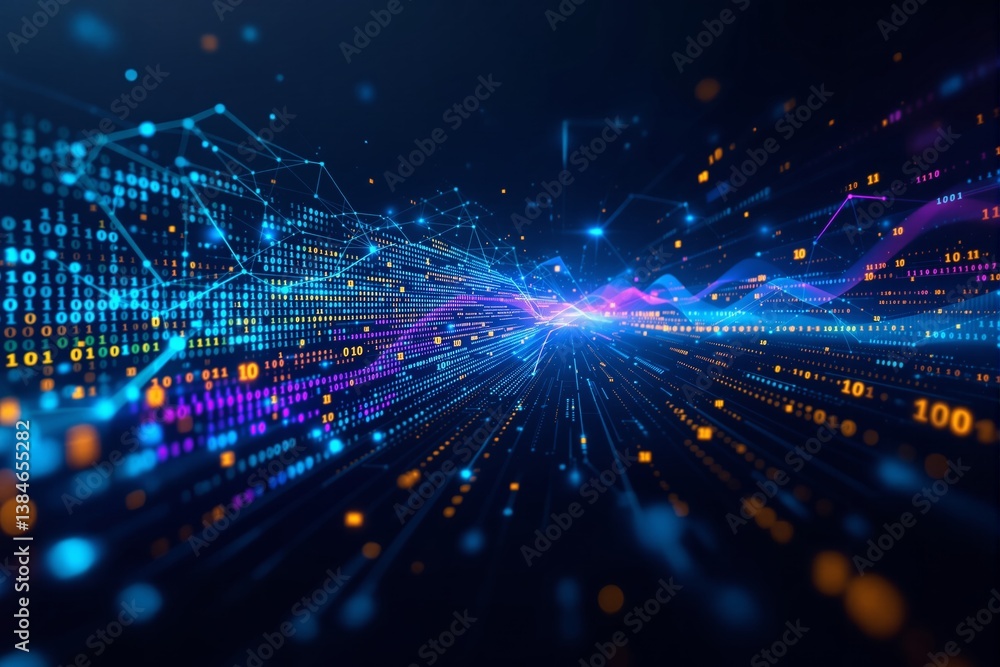 Poster Futuristic digital data flow with binary code and glowing lines.