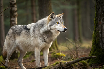 Fototapeta premium A gray wolf stands alert among mossy forest trees, golden eyes focused. Its thick fur catches filtered sunlight, blending with the earthy, shadowy surroundings