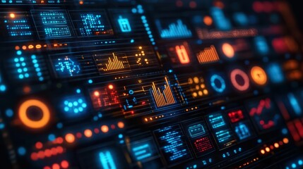Futuristic glowing interface displays data and graphs