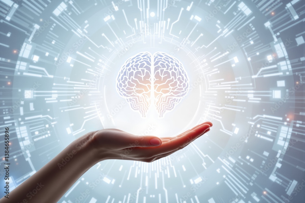 Aufkleber Futuristic digital brain floating above an open human hand with glowing circuits and abstract technology background.