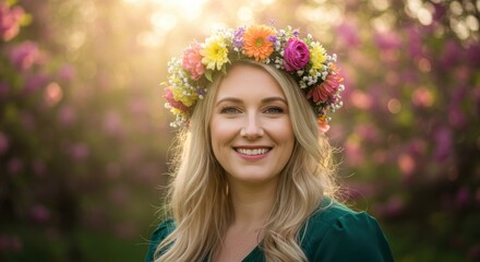 Naklejka premium Joyful Portrait of a Woman Wearing a Floral Crown Against a Vibrant Blooming Background