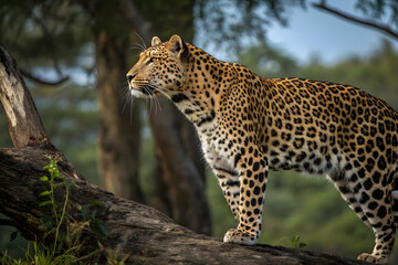 A leopard stands alert atop a fallen tree, golden fur glowing in forest light. Focused gaze, muscular posture, and dappled shadows create a majestic pose