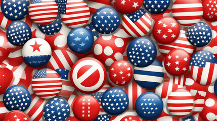 Fototapeta premium Red and blue patriotic American badges and labels with flag, banners, round labels, shields and wreaths in the colour and pattern of the Stars and Stripes