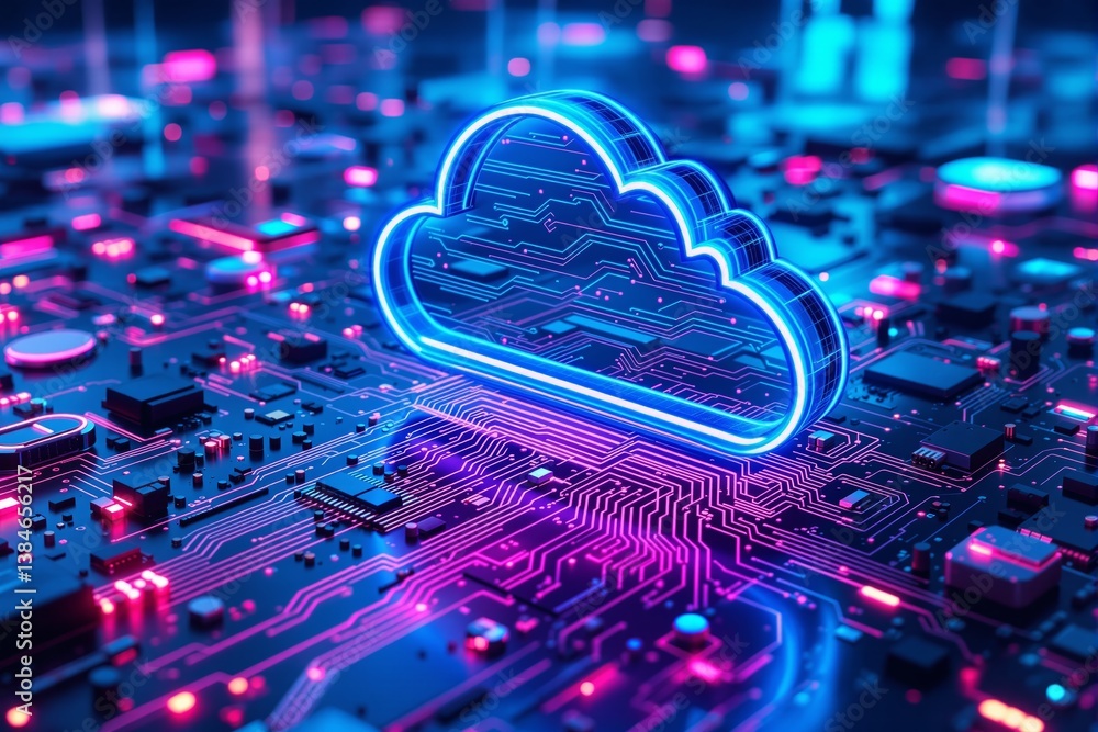 Poster Futuristic cloud computing technology concept with glowing cloud icon on circuit board.