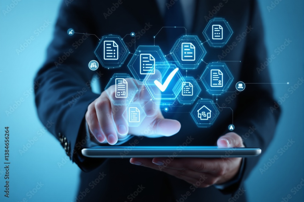 Aufkleber Businessman using a digital tablet with a futuristic interface displaying document management icons.