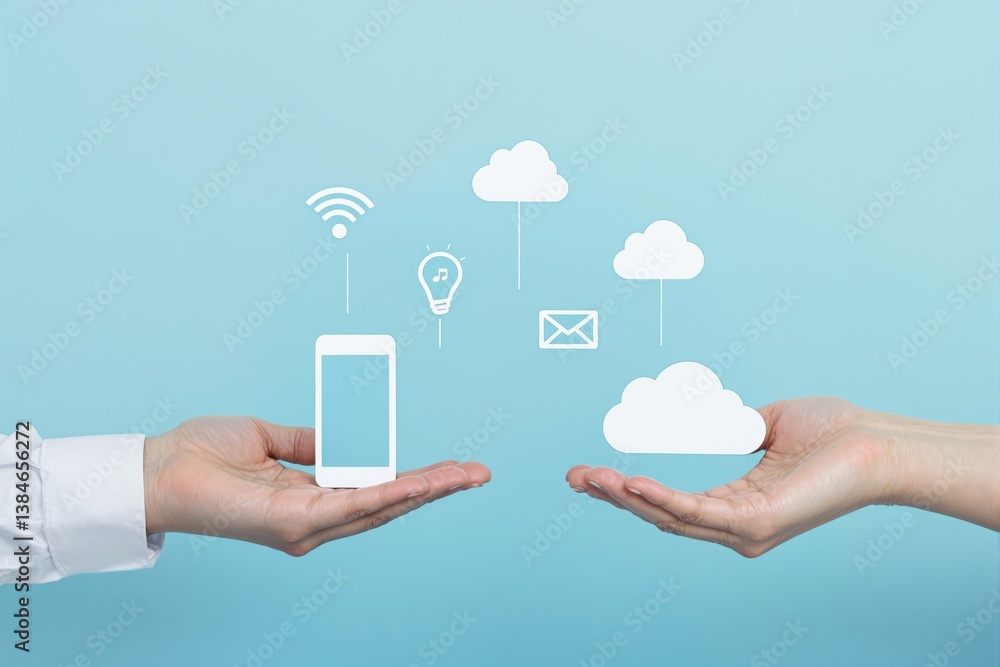 Poster Cloud computing technology concept with digital communication icons floating between two human hands on blue background.