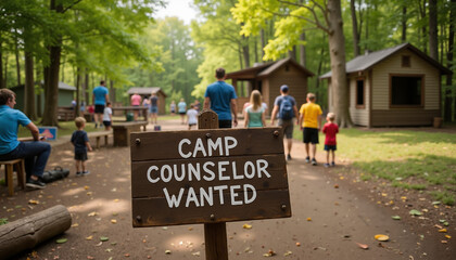 Camp Counselor Wanted Sign with Families Walking in Summer Forest  