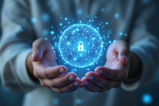 Cybersecurity concept with glowing digital sphere and lock icon in human hands. - Powered by Adobe