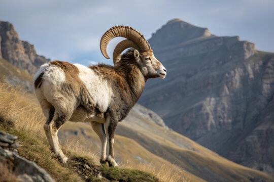 A majestic Marco Polo sheep stands proudly on a grassy incline, massive curling horns arching back, with rugged mountains rising dramatically in the soft background light