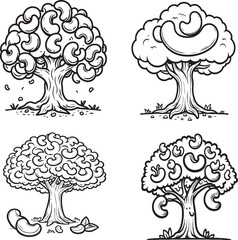 Cartoon Cashew Tree Illustrations – Fun Black-and-White Hand-Drawn Nature Art