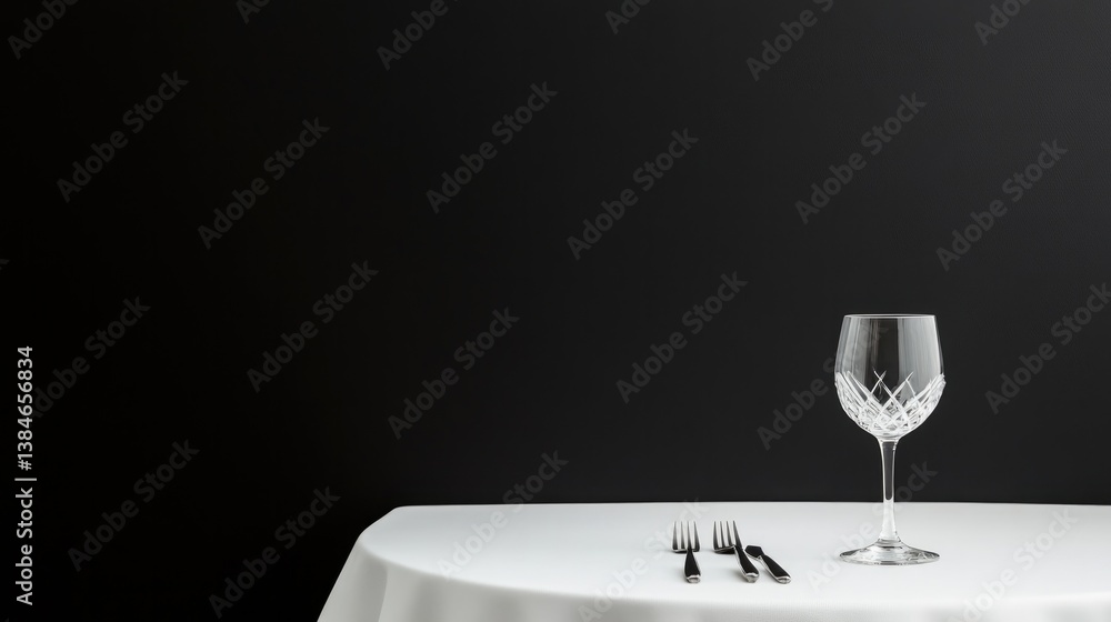 Poster single elegant table setting with crystal goblet and silverware on pristine white tablecloth
