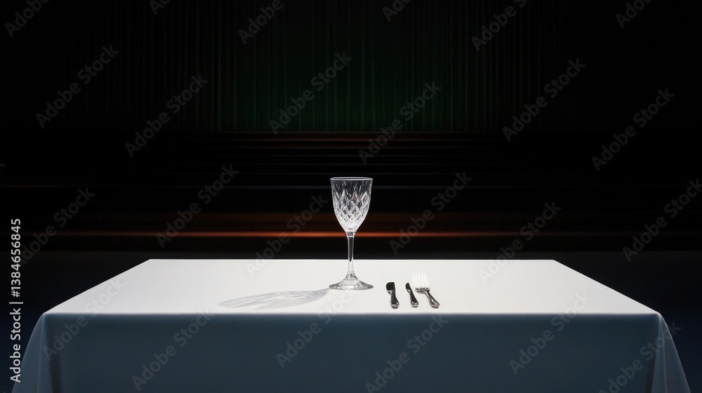 Poster single elegant table setting with crystal goblet and silverware on pristine white tablecloth
