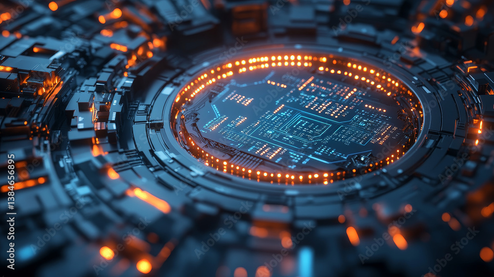 Poster central processor unit isometric illustration. vector cpu chip. microprocessor with lights on the bl
