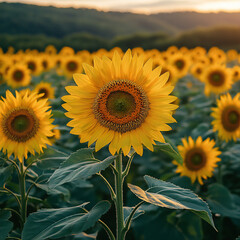 A close-up of a vibrant sunflower field during golden hour, with soft sunlight
