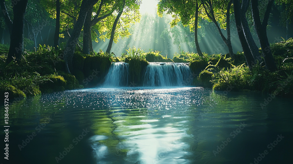Aufkleber serene forest scene featuring tranquil waterfall cascading into reflective pool, surrounded by lush greenery and dappled sunlight filtering through trees, creating magical atmosphere