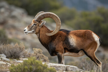 Obraz premium A wild sheep with striking curved horns stands alert among rocky shrubs, its reddish-brown coat and pale snout contrasting with the soft, blurred background