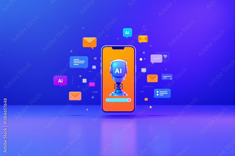 Poster AI chatbot on smartphone screen surrounded by floating message icons.