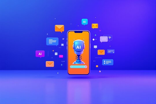 AI chatbot on smartphone screen surrounded by floating message icons.