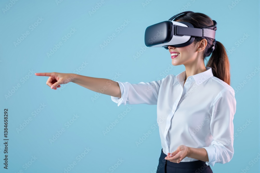 Poster businesswoman using virtual reality headset and interacting with digital interface.