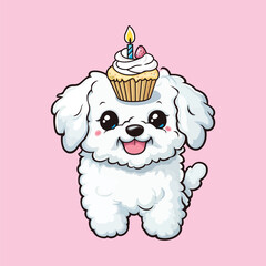 Cute White Puppy with a Birthday Cupcake on its Head