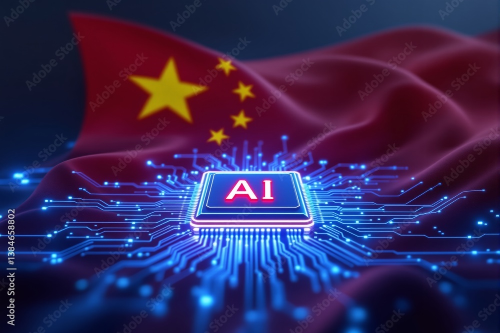 Aufkleber AI processor with glowing circuits on Chinese flag background.