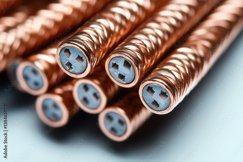 Poster copper power cables are arranged close up view, showcasing their twisted design and metallic sheen. 