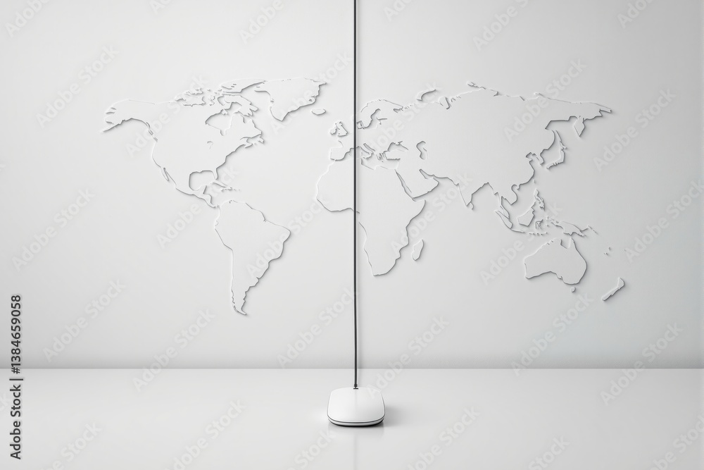 Fototapete computer mouse with cable extending upwards, aligning with a world map on a white wall.