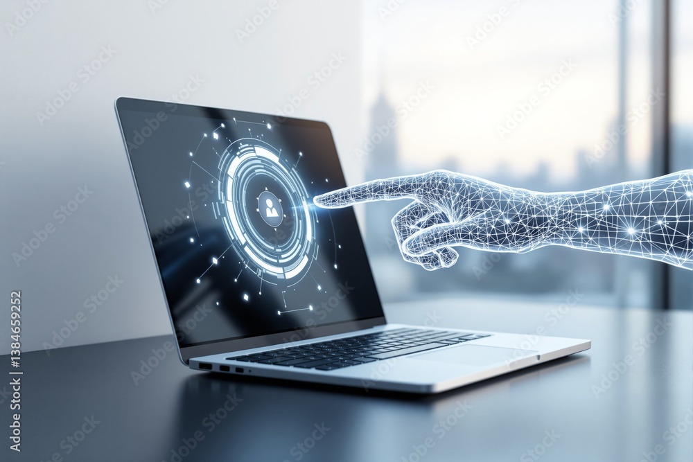Aufkleber Futuristic digital hand interacting with a laptop screen displaying a secure interface.