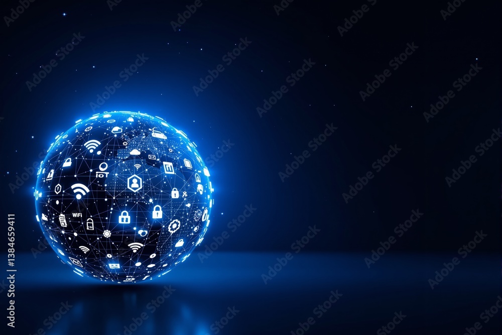 Poster futuristic digital globe with technology icons glowing in blue.