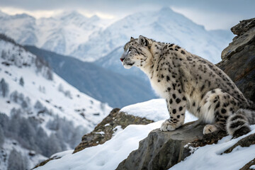 Obraz premium Poised on a snowy outcrop, this snow leopard watches intently over a frosted valley. Its piercing eyes and muscular build radiate power and mystery