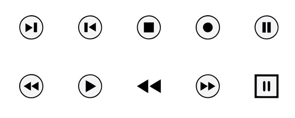 Naklejka premium Audio button thin line icon set. Containing music, sound, speaker volume, play, video, pause, equalizer, loudspeaker, mute, microphone, headset. Vector illustration