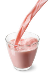 strawberry or cherry milk pouring into glass isolated on white background