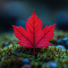 A deep red autumn leaf resting on a bed of moss, surrounded by forest floor details