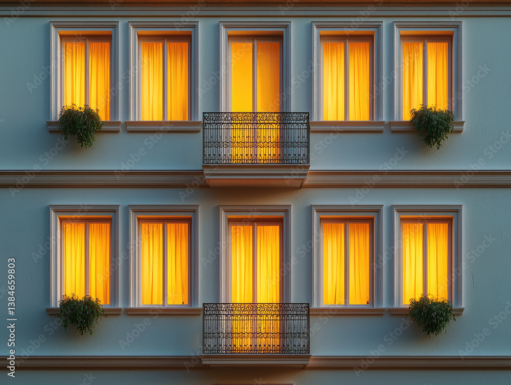 Poster beautiful facade featuring multiple windows with warm, glowing curtains, creating cozy atmosphere. b