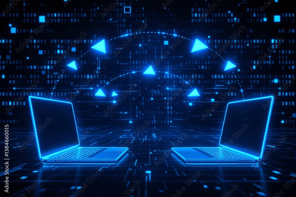 Poster futuristic laptops transferring data in digital space.