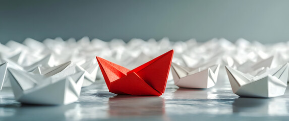 Leadership, successful business startup or competitive advantage theme. A red paper boat distinguishing itself from a sea of white boats.