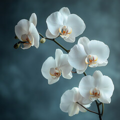 A delicate white orchid flower against a dark, moody background with natural lighting