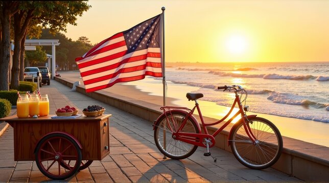 Patriotic beach scene with bicycle and cart - Powered by Adobe