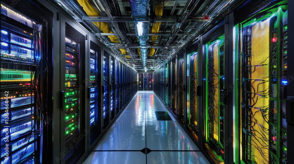 Poster data center isometric vector illustration. concept of web hosting server room rack. ultraviolet colo