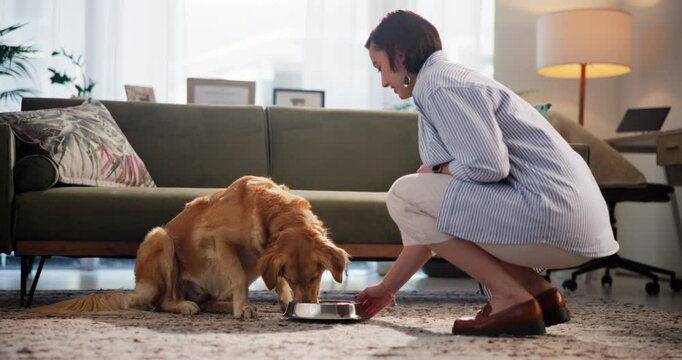 Woman, dog and bowl for food, home and care with nutrition, wellness and eating in living room. Person, animal and pet labrador with container for snack, meal and supplement for diet at apartment