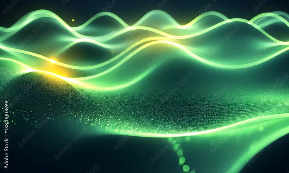 Poster abstract digital wave background with glowing particles and smooth undulating lines