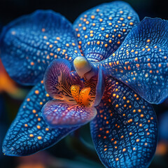 A dramatic close-up of a rare blue orchid with intricate, patterned petals