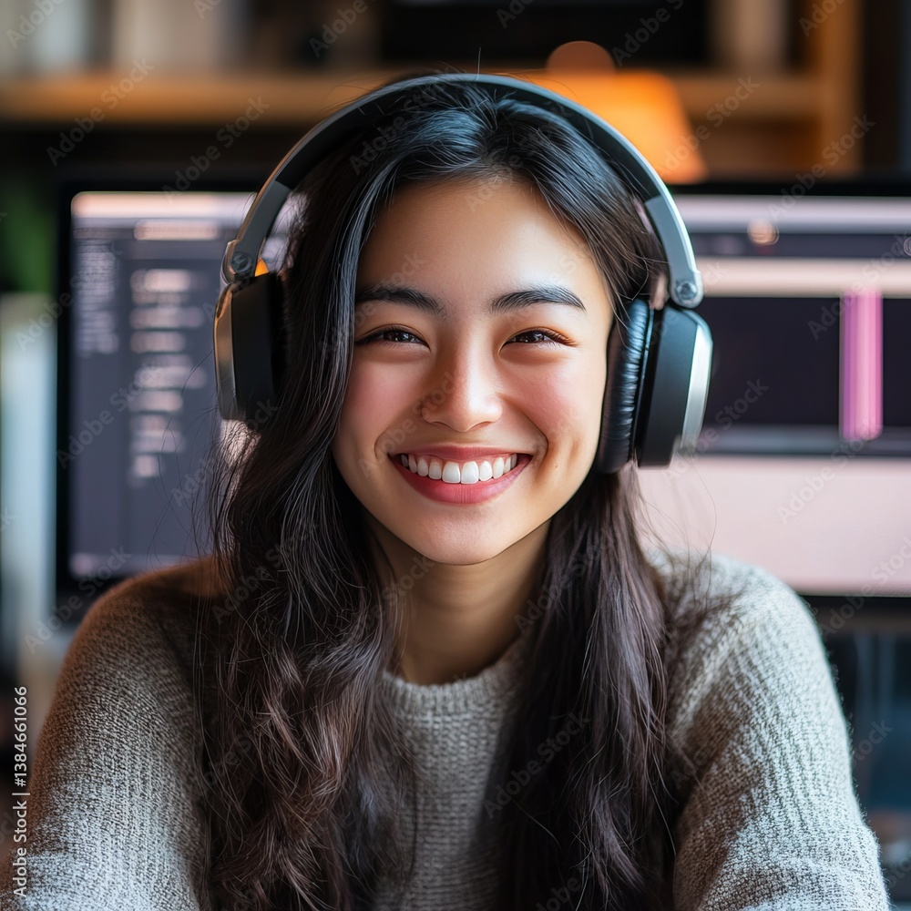Aufkleber portrait of a smiling woman with headphones in front of a computer screen displaying software