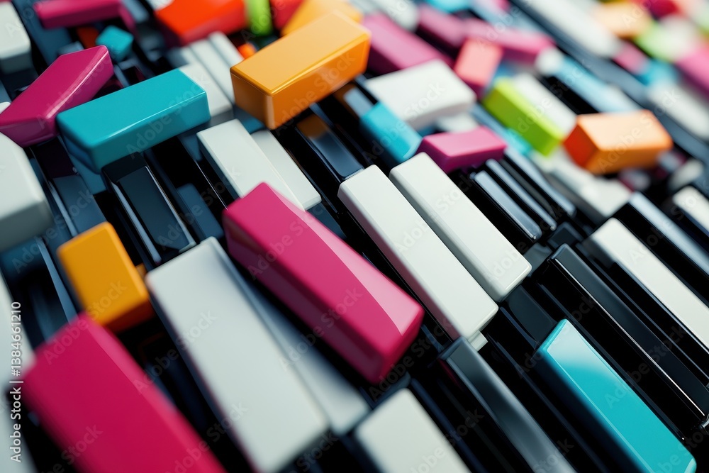Poster abstract keyboard design featuring colorful keys in a vibrant arrangement, an abstract keyboard with