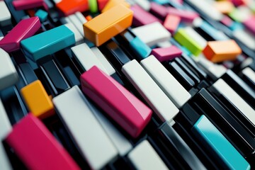 Abstract keyboard design featuring colorful keys in a vibrant arrangement, an abstract keyboard with keys of different colors triggered randomly