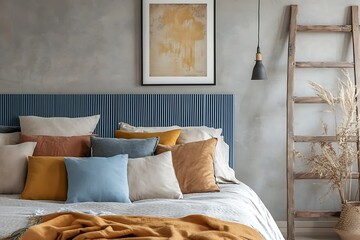 Bed with Pillows, Blankets, Ladder, and Wall Art Against a Textured Gray Wall